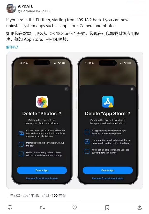 呼伦贝尔苹果手机维修分享iOS 18.2 支持删除 App Store 应用商店 